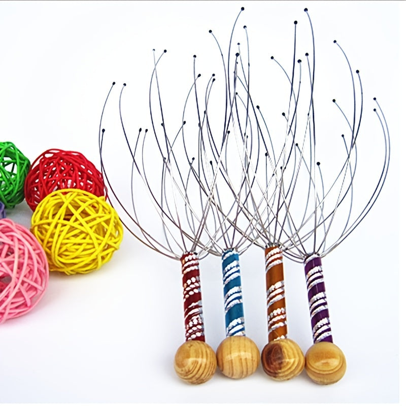 Four scalp massagers with wooden handles and colorful balls.