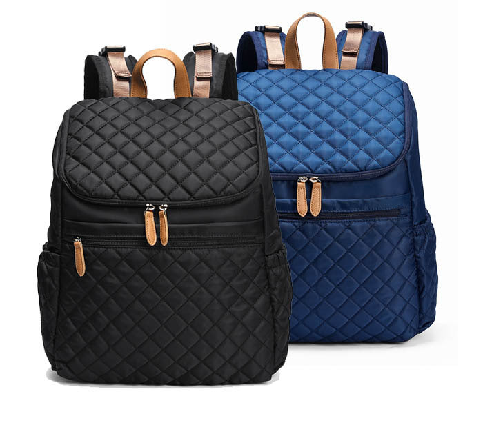 Quilted black and blue nylon backpacks with leather accents.