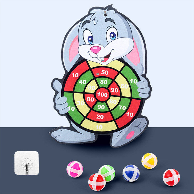 Rabbit-shaped cloth dartboard with colored sticky balls.
