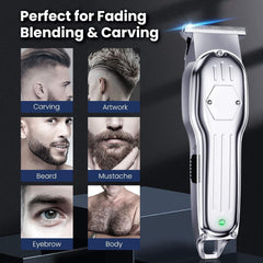 A silver electric hair trimmer with images showing its use for fades, beards, and body hair.