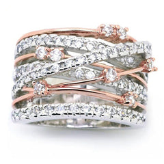 Wide crossover ring with silver, rose gold, and rhinestones.