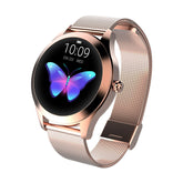 Rose gold smartwatch with butterfly screen and mesh strap.