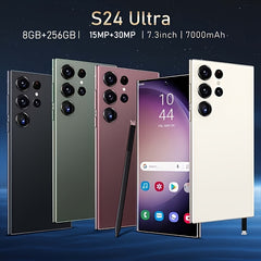 S24 Ultra smartphones in four colors with specs listed.