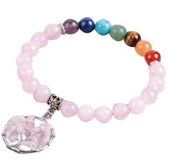 Rose quartz bracelet with 7 chakra beads and Tree of Life.