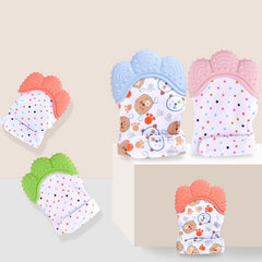A collection of five baby teether mittens with silicone tops and patterned fabric bodies.