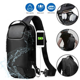 A waterproof black sling bag with a USB charging port and anti-theft lock.