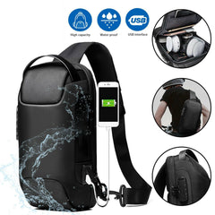 A waterproof black sling bag with a USB charging port and anti-theft lock.