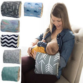 Woman breastfeeding with a patterned nursing arm pillow, six pillow options shown.