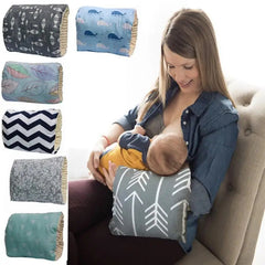 Woman breastfeeding with a patterned nursing arm pillow, six pillow options shown.