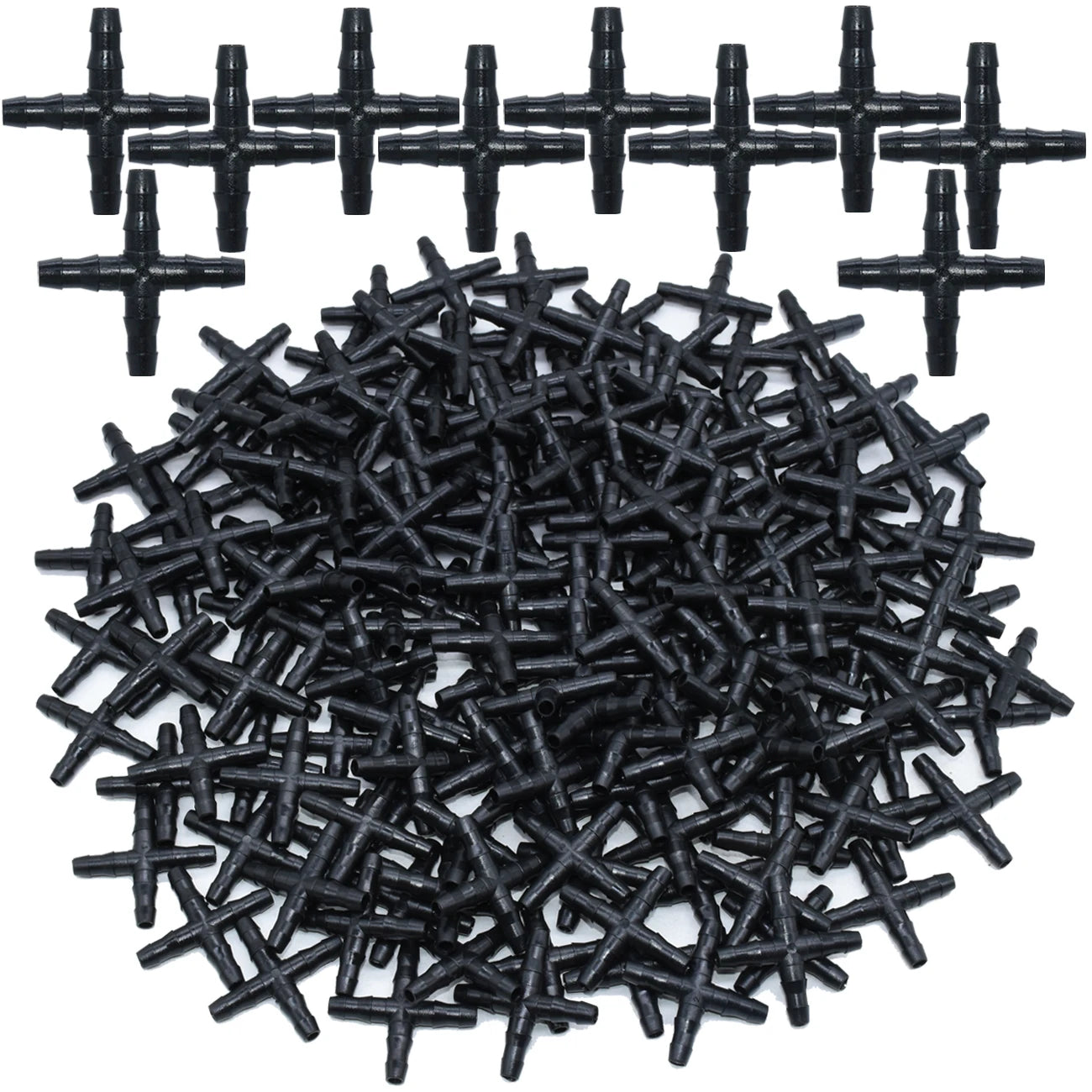 A large pile of black plastic four-way drip irrigation connectors.