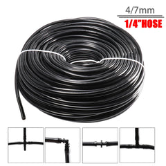 Rolled coil of black 1/4′′ drip irrigation hose tubing.