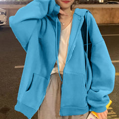 Blue Zip Up Hooded Sweatshirts Women 2022 Vintage Pockets Oversized Jacket Coat Autumn Female Y2k Long Sleeve Hoodies Mujer