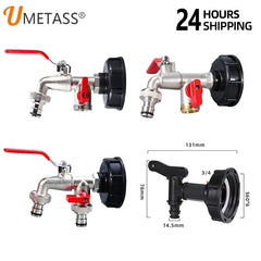 Four IBC tote tank adapter faucets; metal, plastic, dimensions.