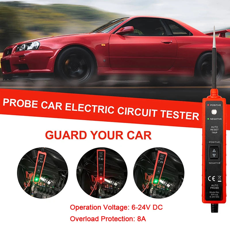 Car electric circuit probe tester over a red sports car.