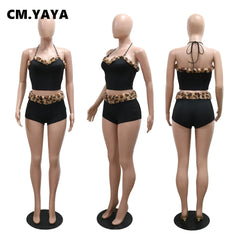 CM.YAYA Women's Set Strapless Sleeveless Leopard Print halter Top and Shorts Suits 2024 Street Two 2 Piece Set Outfit Tracksuit