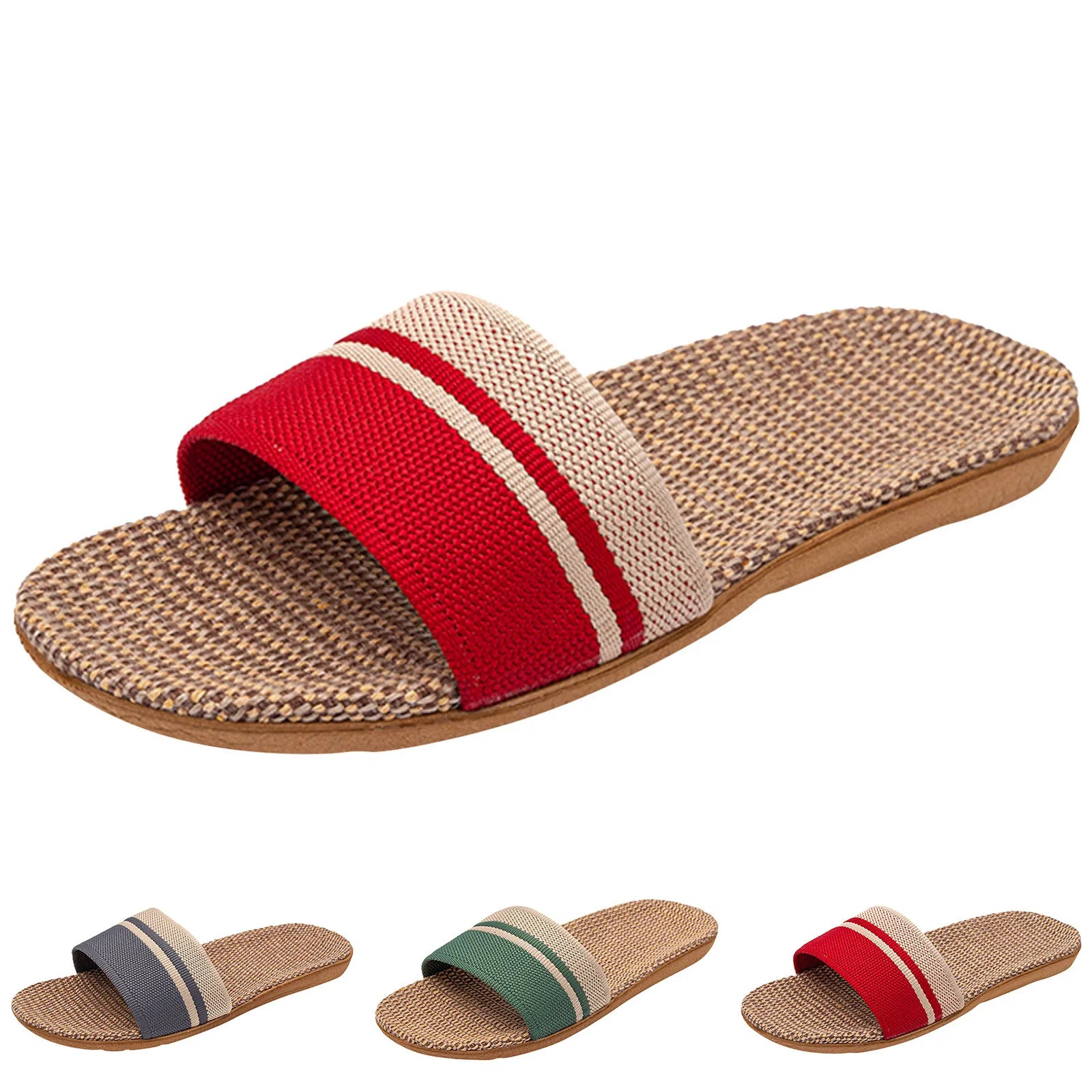 Woven slipper with red, tan, and white striped strap.