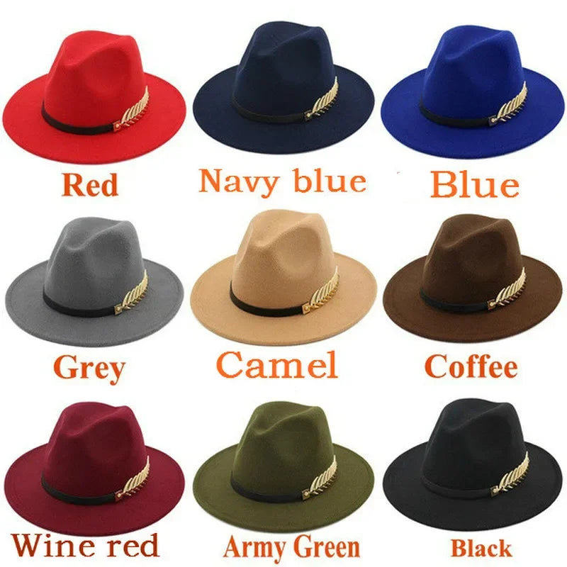 Nine felt fedora hats in various colors with feather accent.