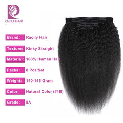 Racily Hair Afro Kinky Straight Clip In Hair Extensions Human Hair Kinky Straight 8Pcs/Set Clip Ins Brazilian Remy Hair 140Gram