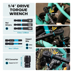 1/4" 2-14Nm Bike Torque Wrench 21pcs Bike Torque Wrench Set Socket Spanner with Impact Bit Bicycle Motorcycle Ratchet Repair Kit