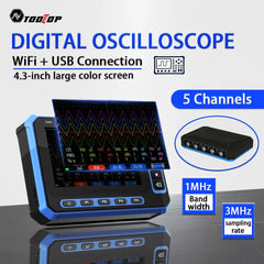 TOOLTOP 5 Channels Digital Oscilloscope 4.3-Inch WIFI & USB Connection 1MHz 3Msps Digital Oscilloscope Electrical Inspection