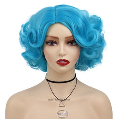 Synthetic Blue Wigs Cosplay Halloween Party Carnival Use Short Curly Wig for Women Natural Fluffy Hair Side Parting Hairstyle