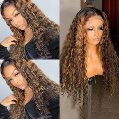 Sleek Curly Human Hair Wig For Women Brown Highlights Lace Wig Remy Brazilian Hair Wigs 13X1 Water Wave Woman T Part Lace Wigs