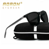 Black, polarized sunglasses with metal arms on a black zippered case.