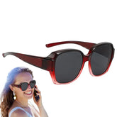 A single pair of red-to-dark gradient chunky women's sunglasses with a dark lens.