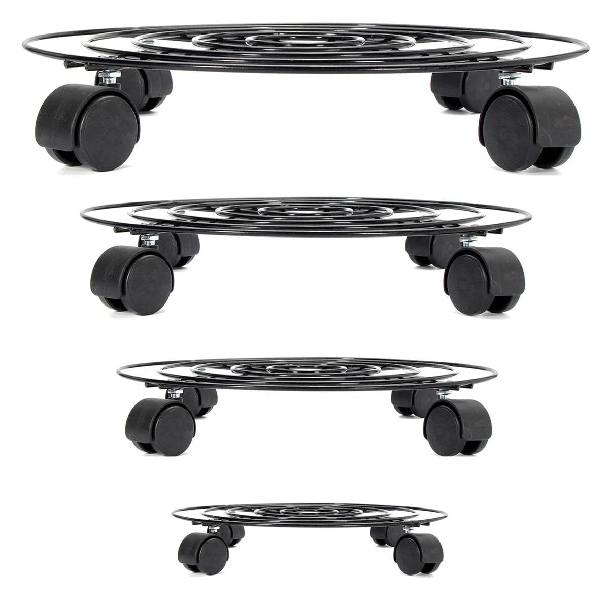 Black metal round plant caddies with wheels, multiple sizes.