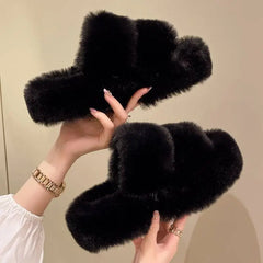 Winter Flauschige Hausschuhe Frauen 2024 Neue Haus Home Fell Hausschuhe Für Frauen Flache Plattform Gemütliche Fuzzy Indoor Schuhe Koreanische Rutschen