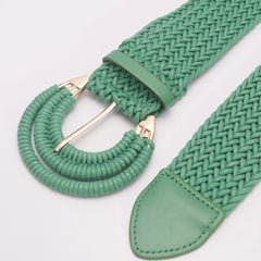 Green Woven Rattan Straw Waist Belt for Women Alloy Buckle Braided Belt for Dress