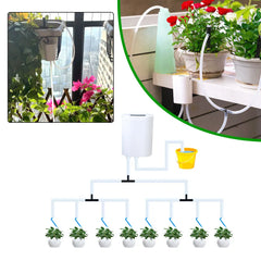A self-watering system diagram showing a water pump and irrigation lines feeding 7 small potted plants.