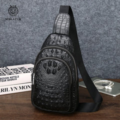 SCHLATUM 100% Rindsleder Männer Krokodil Korn Mode Schwarz Multifunktionale Leder Brust Tasche