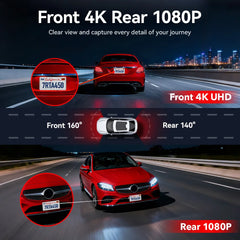REDTIGER A4 4k Dash Cam Front and Rear Drive Recorder GPS& 5G WiFi Touch Screen Night Vision 24H Parking Mode Voice Control