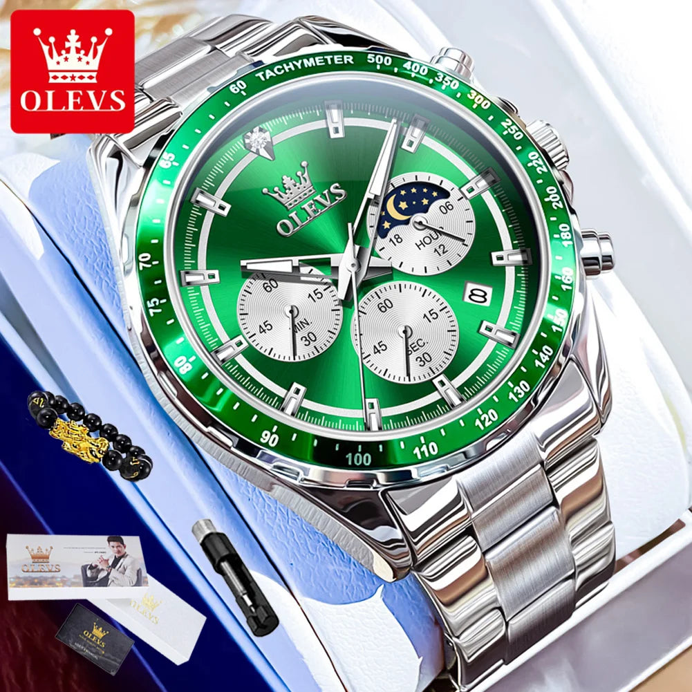 Jarreims Emporium: OLEVS green face silver metal chronograph watch.