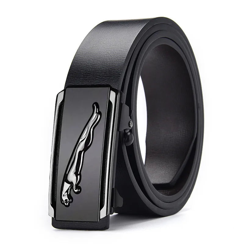 Black leather belt with silver jaguar design auto buckle.