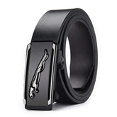 Black leather belt with silver jaguar design auto buckle.