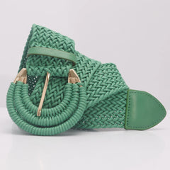 Green Woven Rattan Straw Waist Belt for Women Alloy Buckle Braided Belt for Dress
