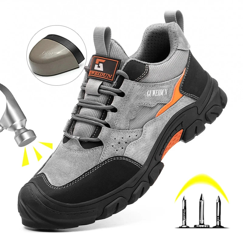 Gray/black athletic safety work shoe with steel toe/sole.