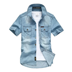 Herren Denim Shirt mit mehreren Taschen, neue Sommer-Kurzarm-Jeanshemden in Blau, hohe Qualität, Herren-Freizeithemden aus Baumwolle, Größe 5XL