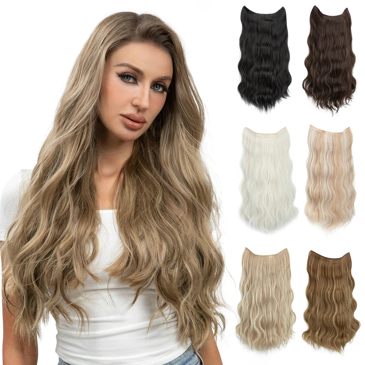 Woman with long wavy hair and five halo hair extensions in different colors.