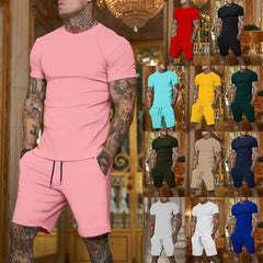 Men's plain T-shirt and shorts athletic set in 9 colors.