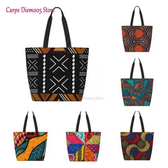 Bolsa de compras con diseño de bogolan de tela de barro africano, bolsa de lona para el hombro, bolsas de compras duraderas con arte geométrico tribal