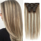 A woman's long straight hair with brown and blonde highlights next to a clip-in extension bundle matching the style.