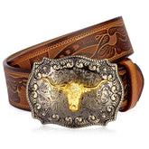 BISON DENIM herren Western Cowboy Gürtel Longhorn Bull Muster Schnalle Floral Echtes Leder Gravierte Gürtel Für Männer Kostenloser Versand