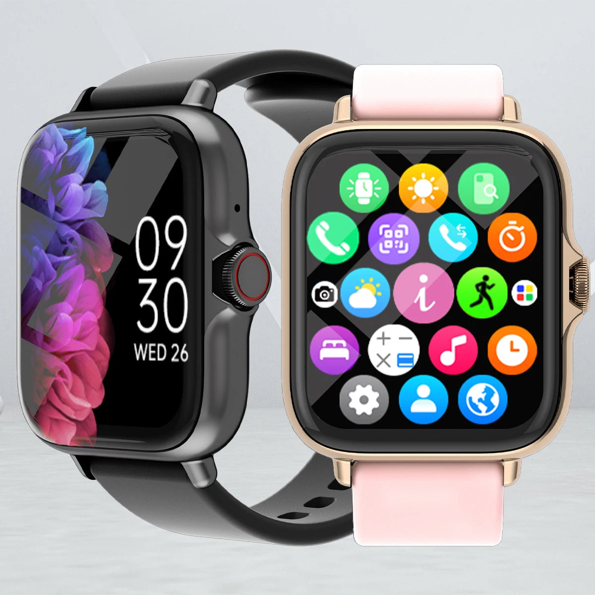 Jarreims Emporium: Two square smartwatches, black and pink/gold.