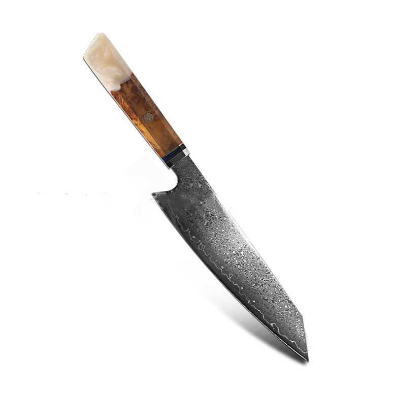 A damascus steel kitchen knife with a wooden and light resin handle.