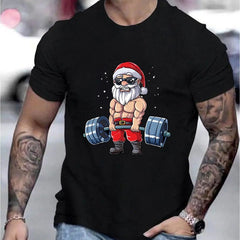Jarreims Emporium: Muscular Santa lifting barbell on black shirt.