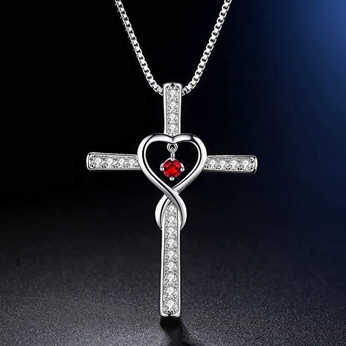 Unendlichkeit Liebe Gott Wir Vertrauen Christliches Kreuz Geburtsstein Kristall Anhänger Halskette Farbe Edelsteine ​​Zirkon Herz Halskette Frauen Schmuck
