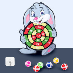 Rabbit-shaped cloth dartboard with colored sticky balls.